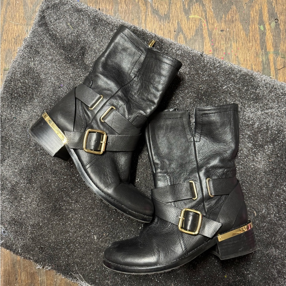 Vince Camuto Black and Gold Combat Moto Boots with Buckles 7 1/2M